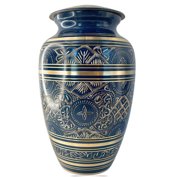 Blue urn with gold and white patterns on a white background