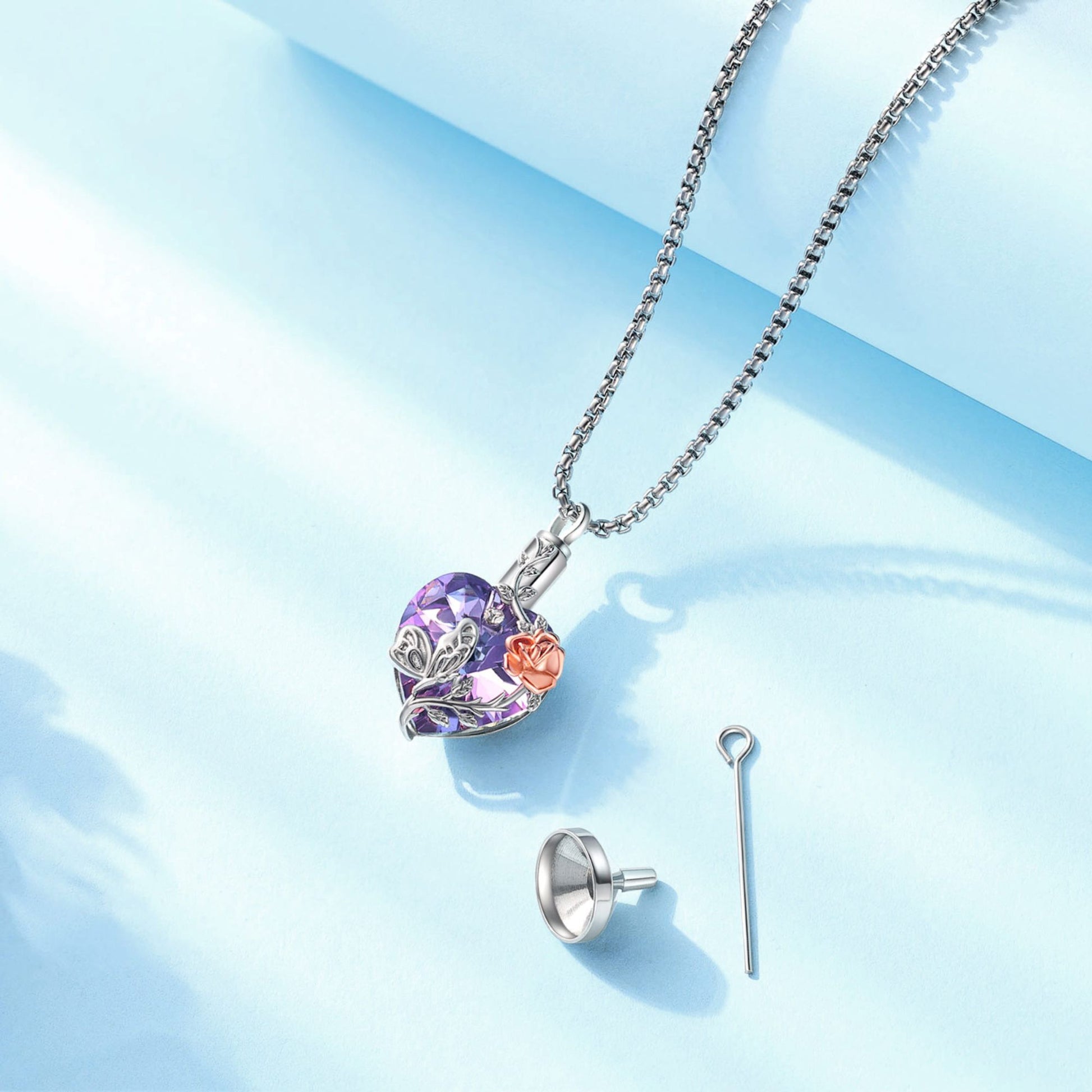 Necklace with a heart-shaped pendant on a light blue background
