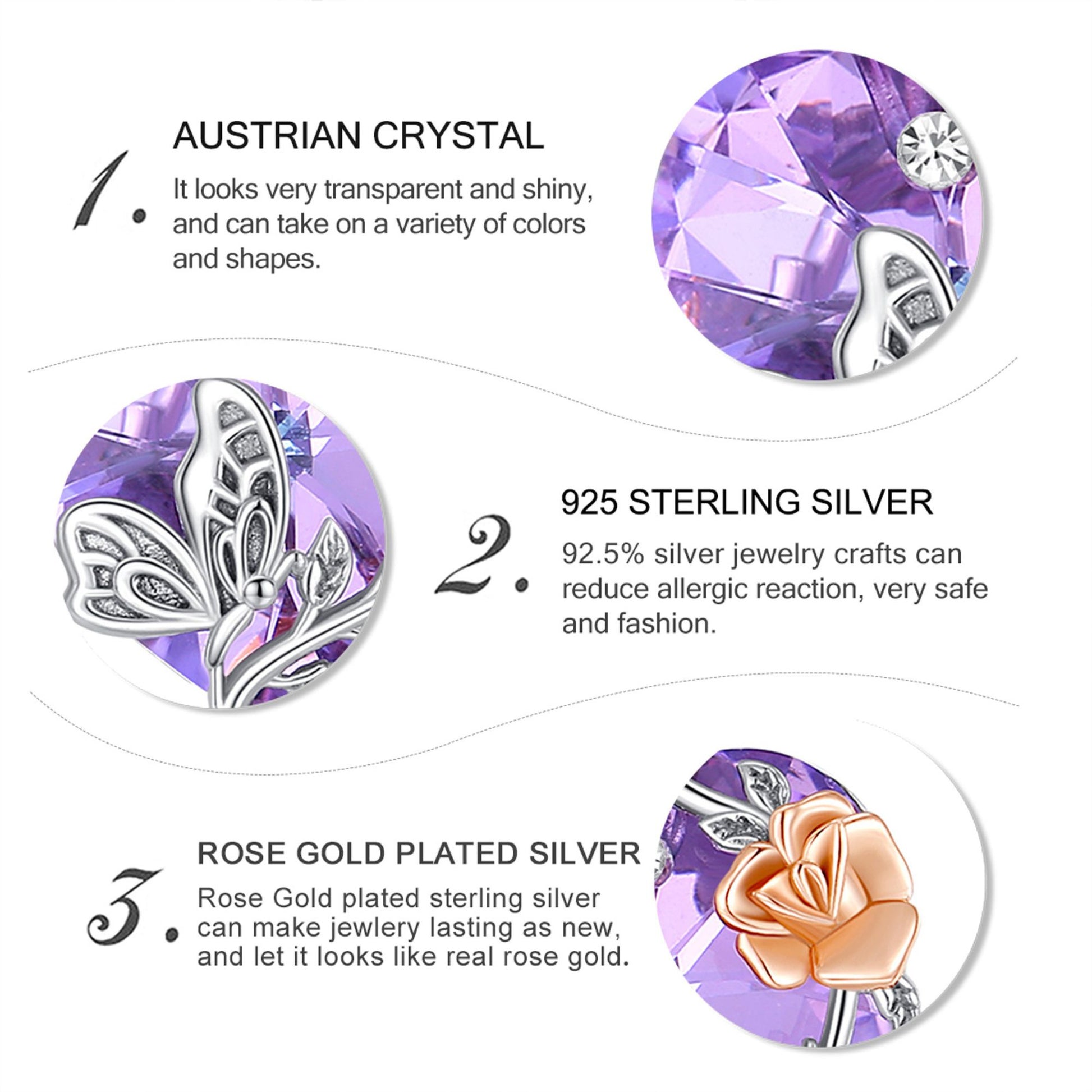 Jewelry with Austrian crystal, 925 sterling silver, and rose gold plating on a white background.