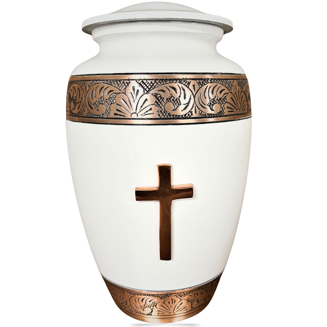 White urn with bronze cross and decorative band on a white background