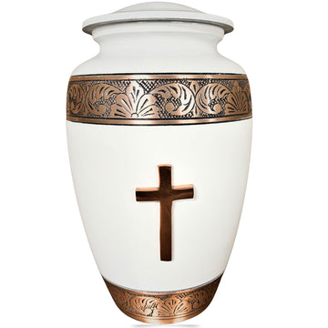 White urn with bronze cross and decorative band on a white background